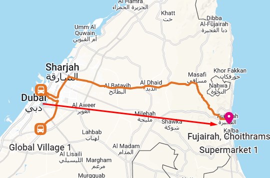 Dubai to Fujairah Map