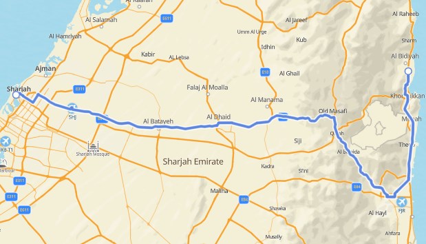 Khor Fakkan to Sharjah Map