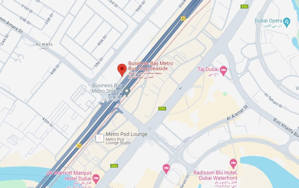 Business Bay Metro Station Seaside Bus Stop in Dubai Maps