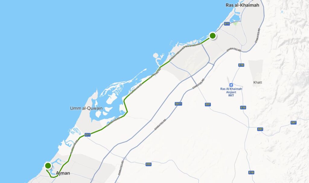 RAK to Ajman Map