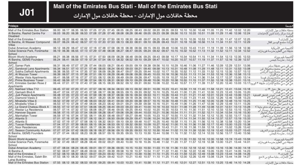 Bus J01 Friday Timetable 1