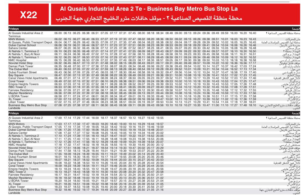 Bus X22 Friday Timetable