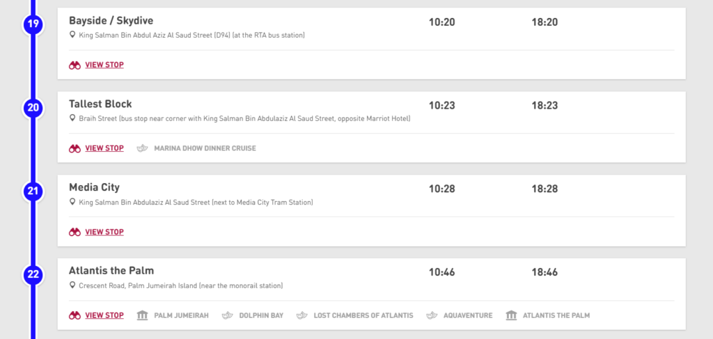 Dubai Beach Tour (blue Route) Timetable 2