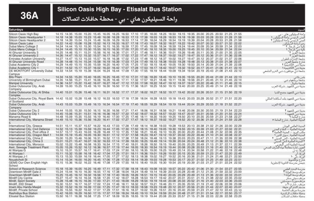 RTA Dubai 36A Bus Timing 4 36a Saturday Evening Night Schedule