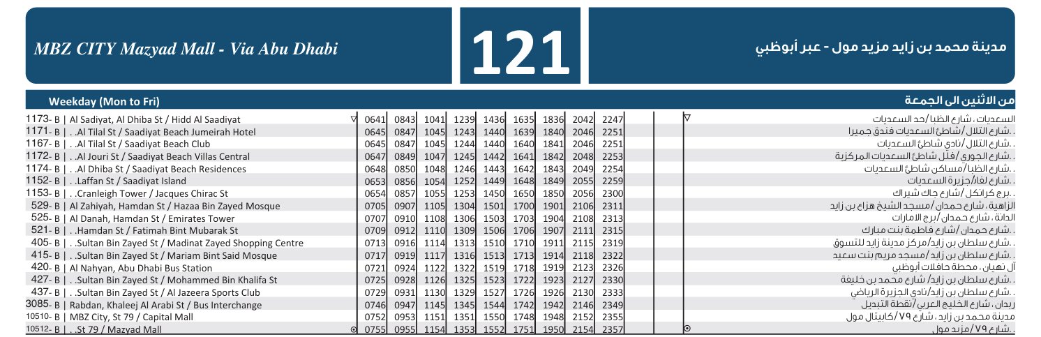 Bus 121 Weekday Timetable