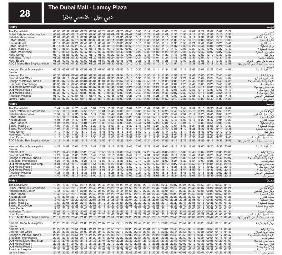 Bus 28 Friday Timetable