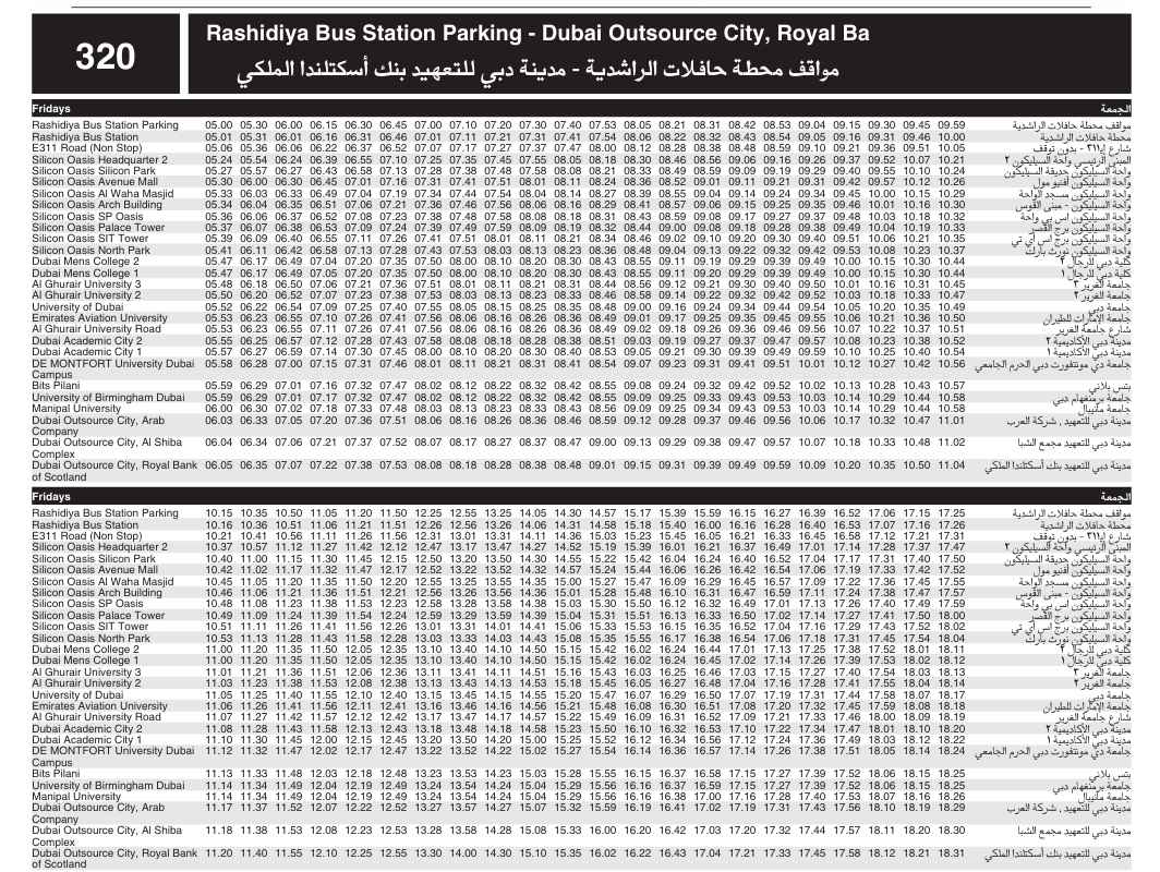 Bus 320 Friday Timetable 1