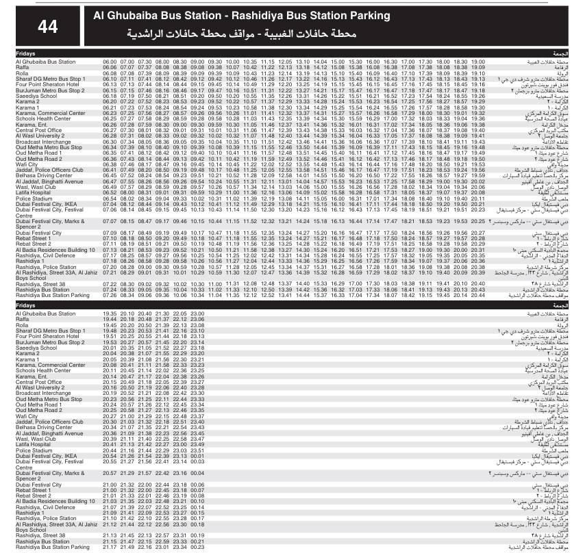 Bus 44 Friday Timetable