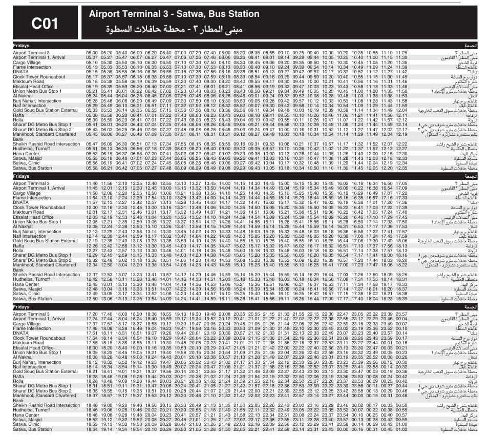 Bus C01 Friday Timetable