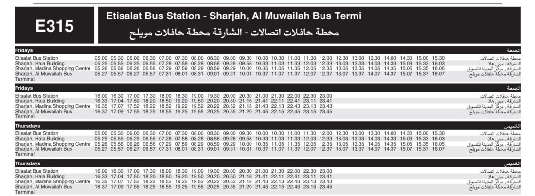 Bus E315 Friday Thursday Timetable