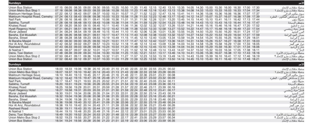 Bus F01 Sunday Timetable