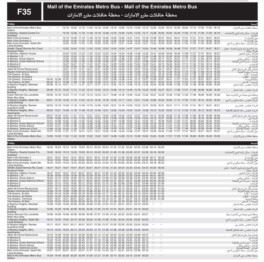 Bus F35 Friday Timetable