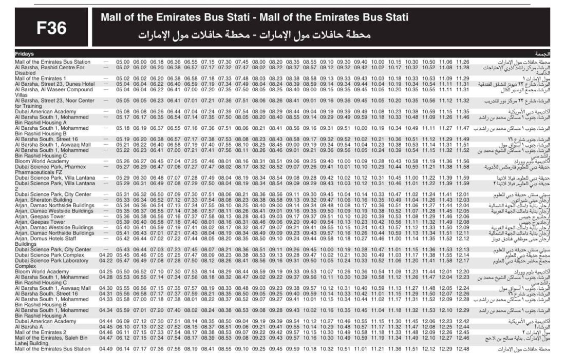 Bus F36 Friday Timetable 1