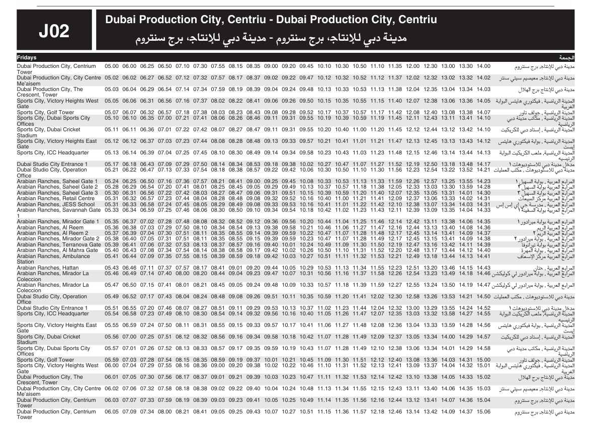 Bus J02 Friday Timetable 1