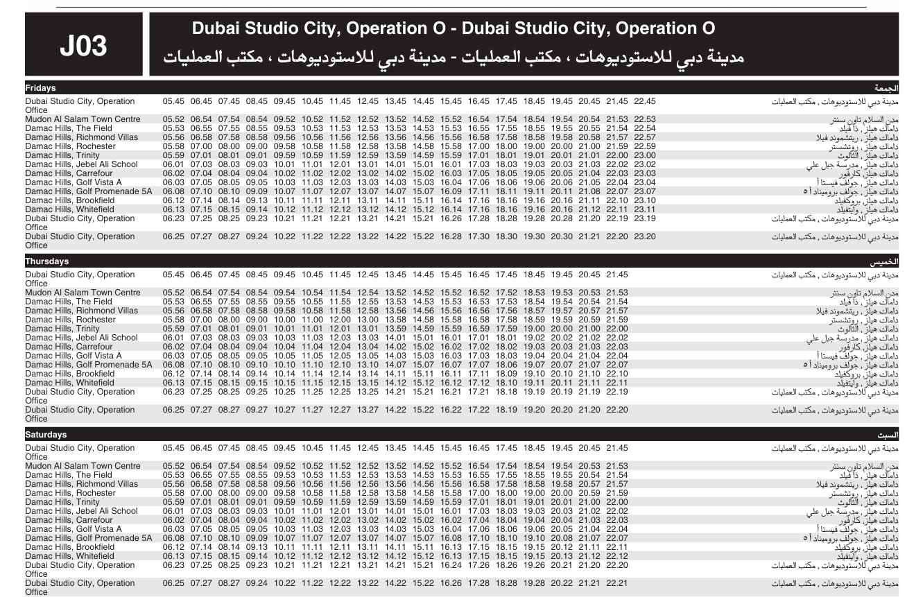 Bus J03 Friday Saturday Timetable