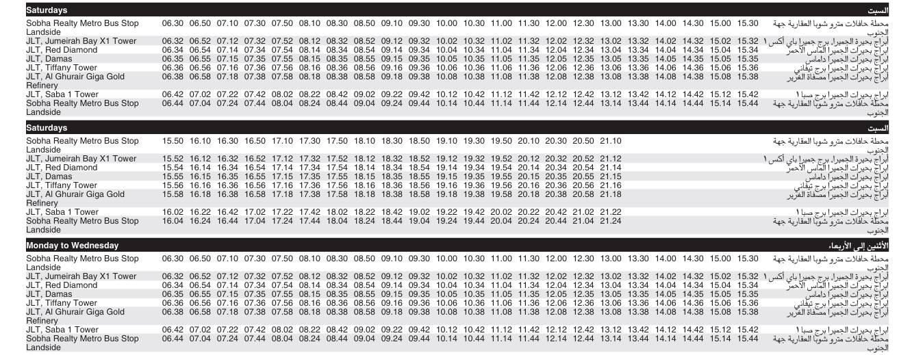 Bus Jlt1 Saturday Monday To Wednesday Timetable