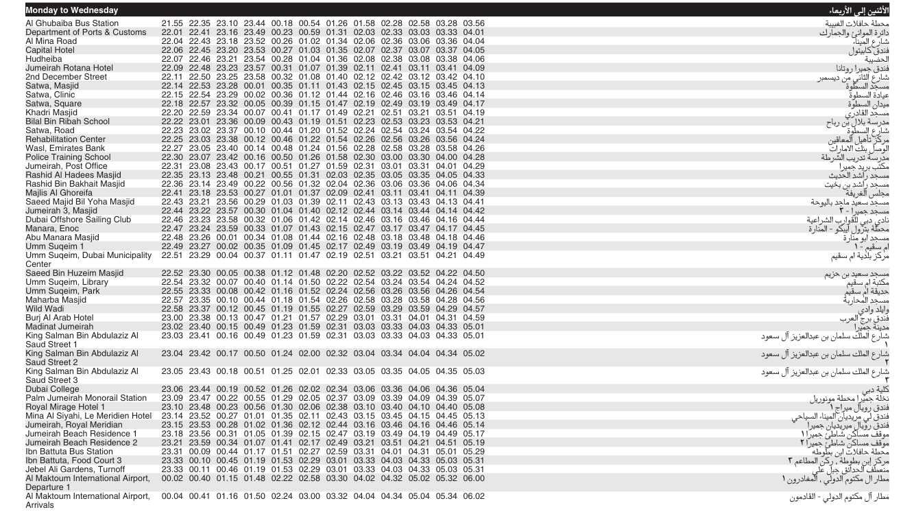 Bus N55 Monday To Wednesday Timetable