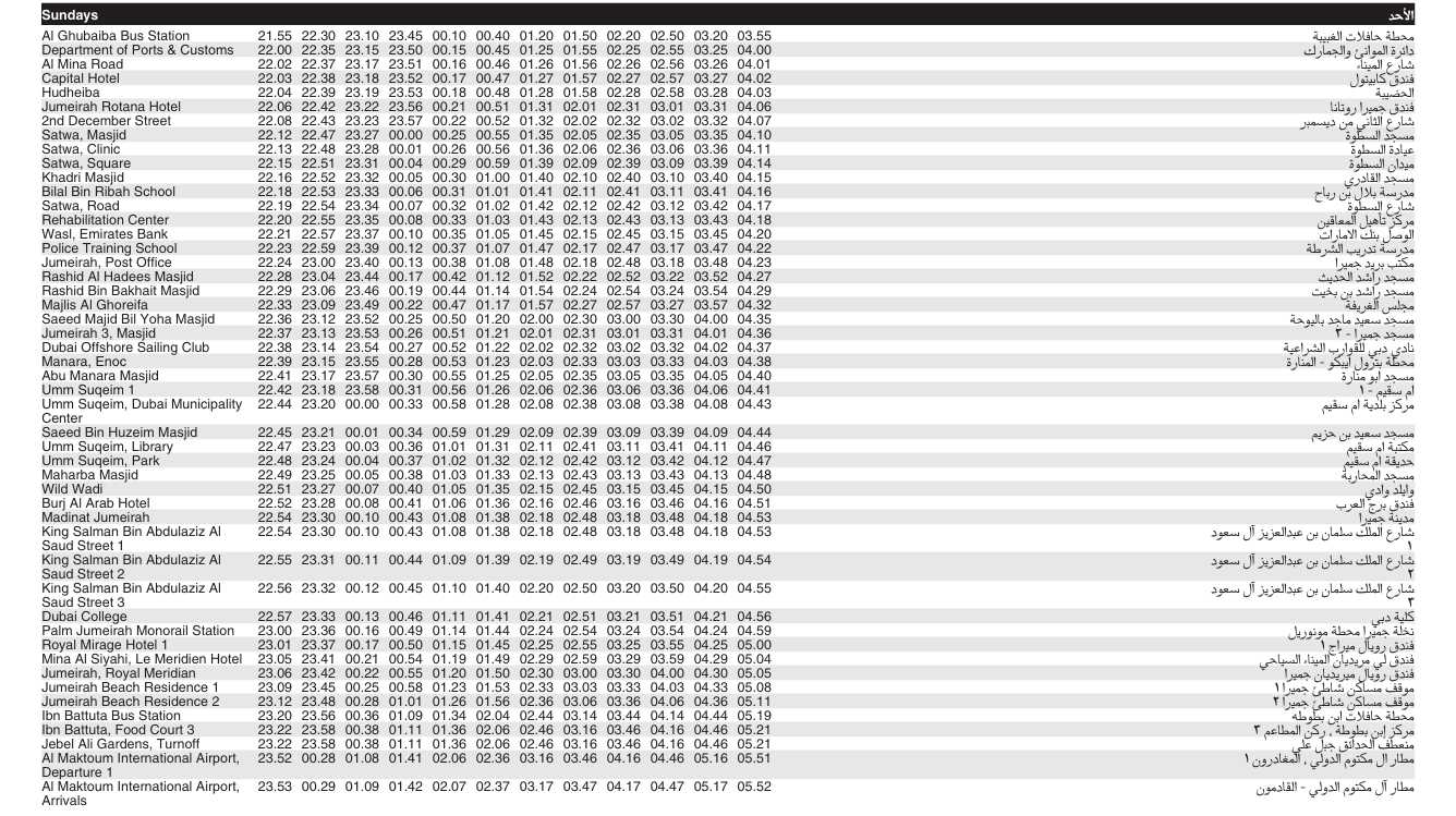 Bus N55 Sunday Timetable