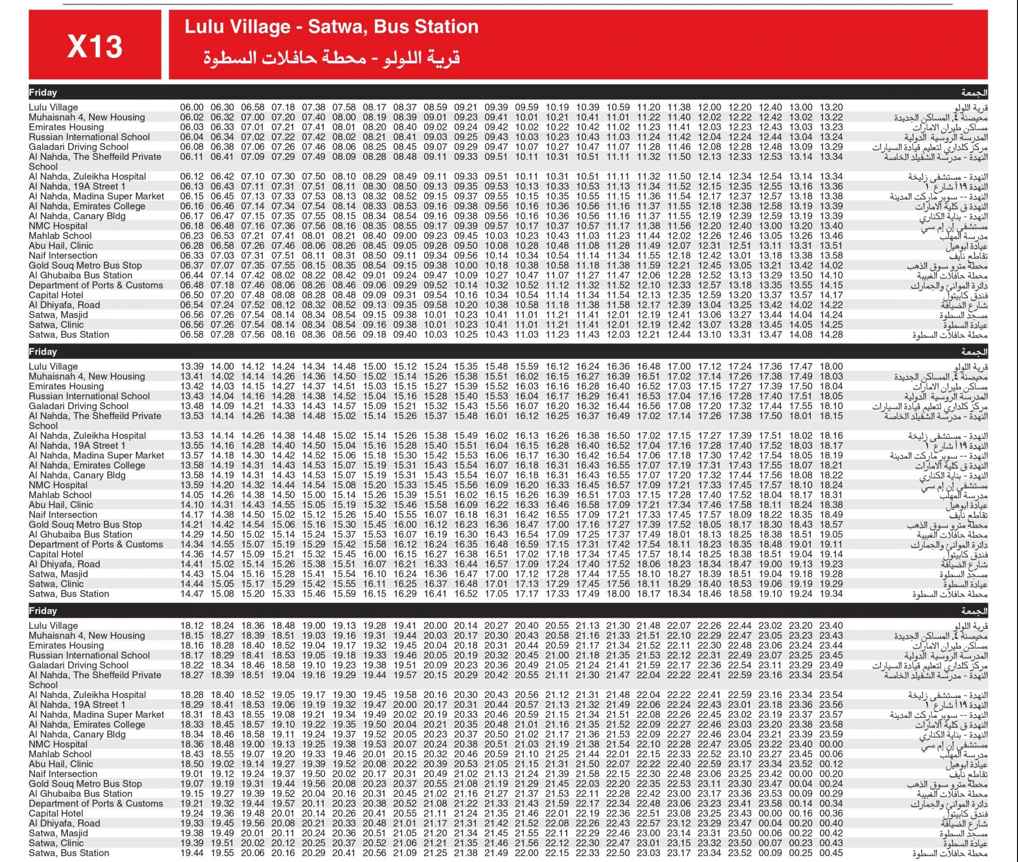 Bus X13 Friday Timetable