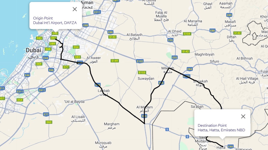 Dubai To Hatta Route Map