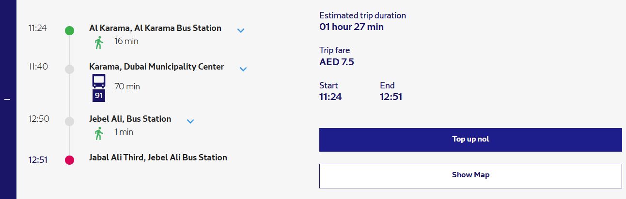 Fastest And Cheapest Route Available For Karama To Jebel Ali