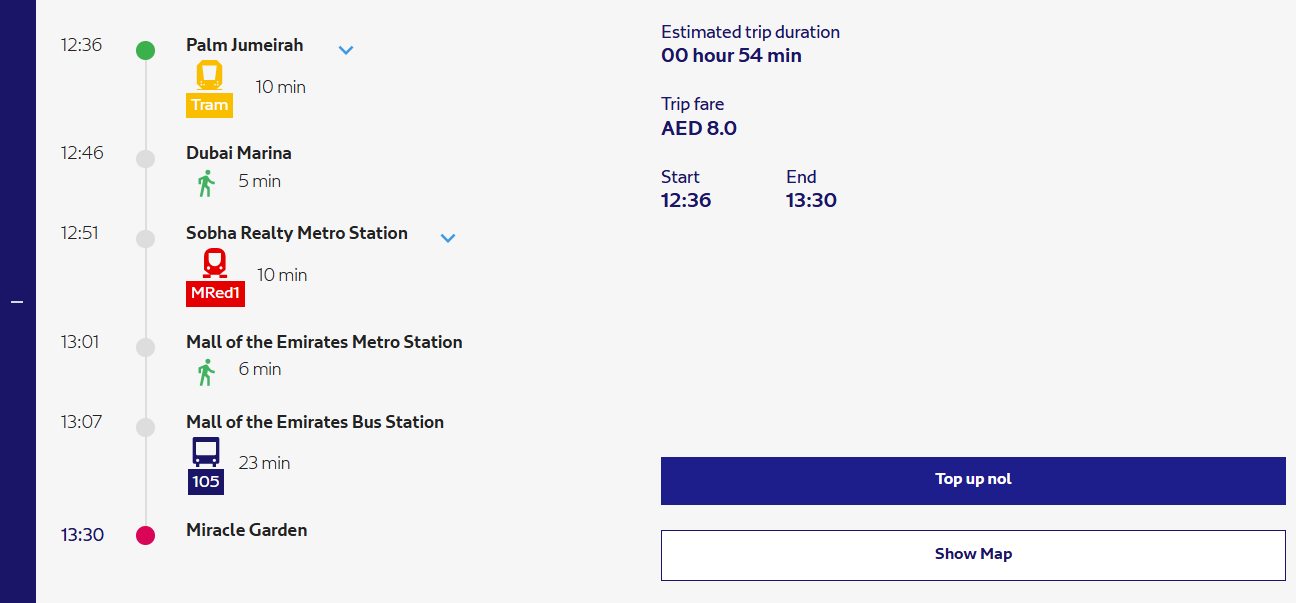 Fastest And Cheapest Route Available For Palm Jumeirah To Miracle Garden​