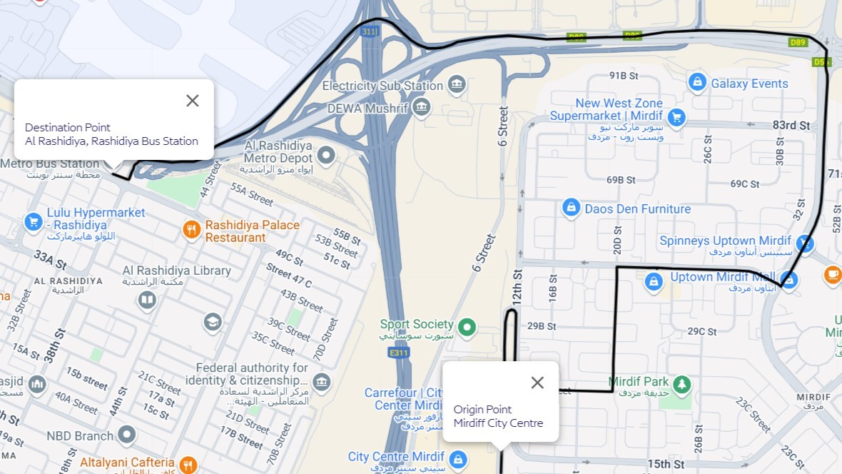 Mirdif To Rashidiya Route Map