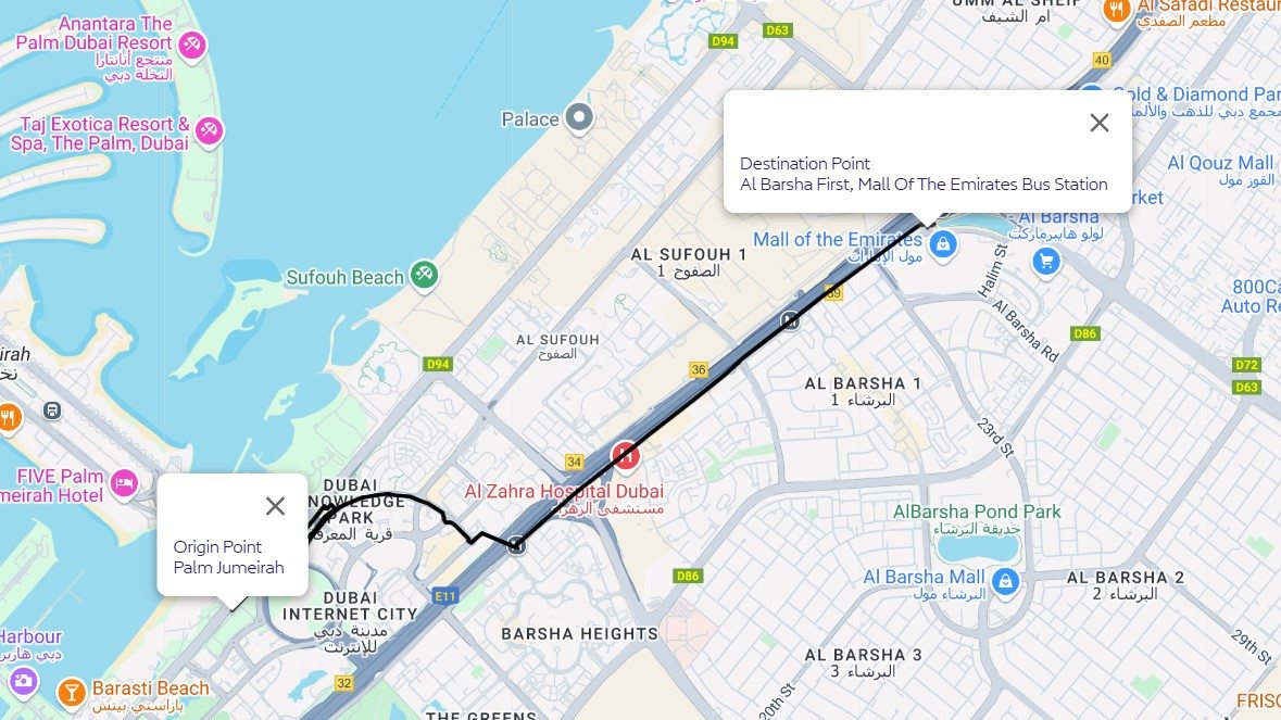 Palm Jumeirah To Mall Of Emirates Route Map