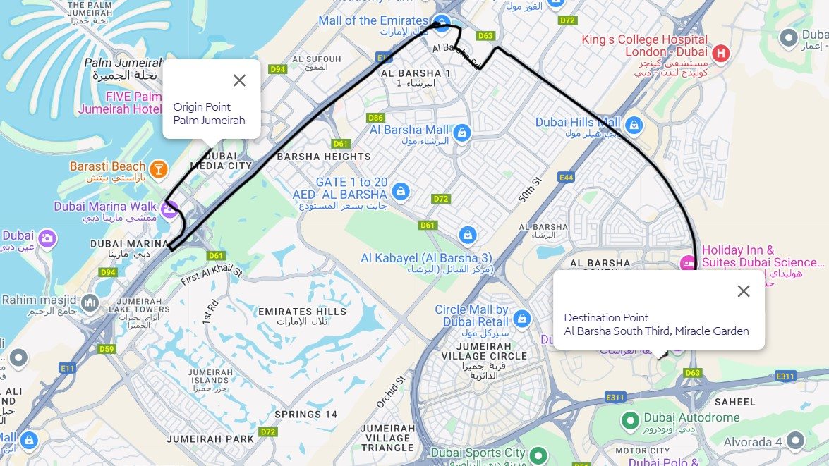 Palm Jumeirah To Miracle Garden Route Map