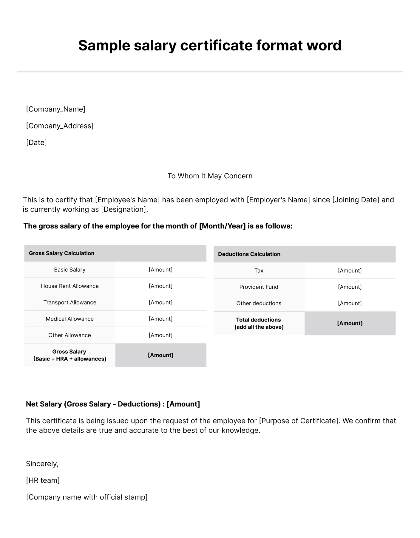 Sample Salary Certificate Format