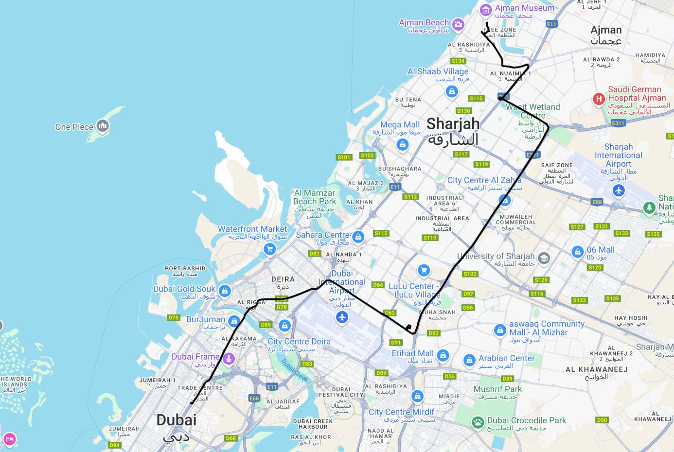 Ajman To Umm Al Quwain Route Map