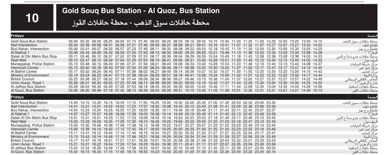 Bus 10 Friday Timetable