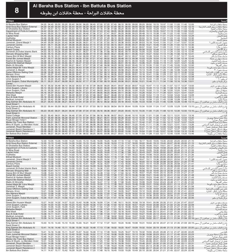 Bus 8 Friday Timetable