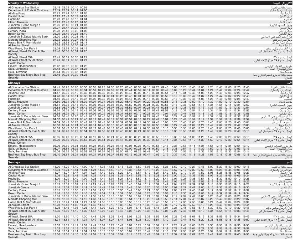 Bus 9 Monday To Wednesday & Sunday Timetable