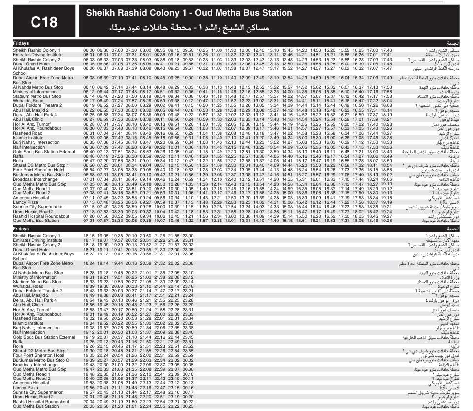 Bus C18 Friday Timetable