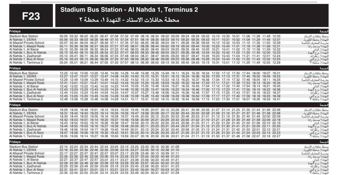 Bus F23 Friday Timetable