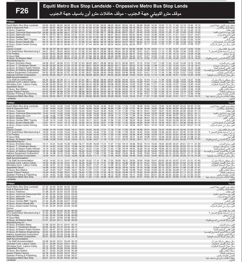 Bus F26 Friday Timetable