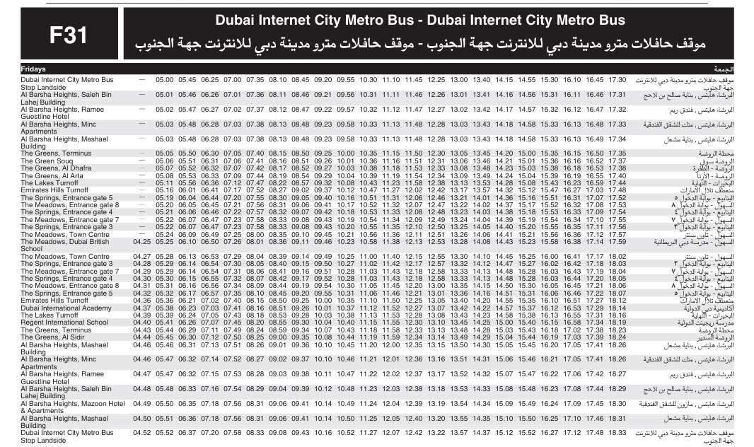 Bus F31 Friday Timetable 1