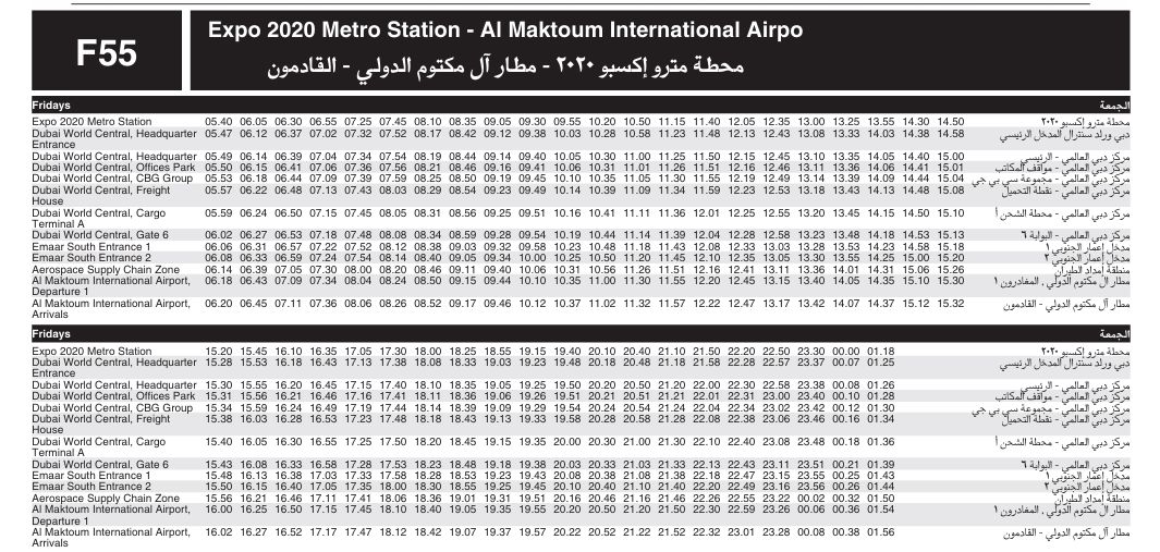 Bus F55 Friday Timetable