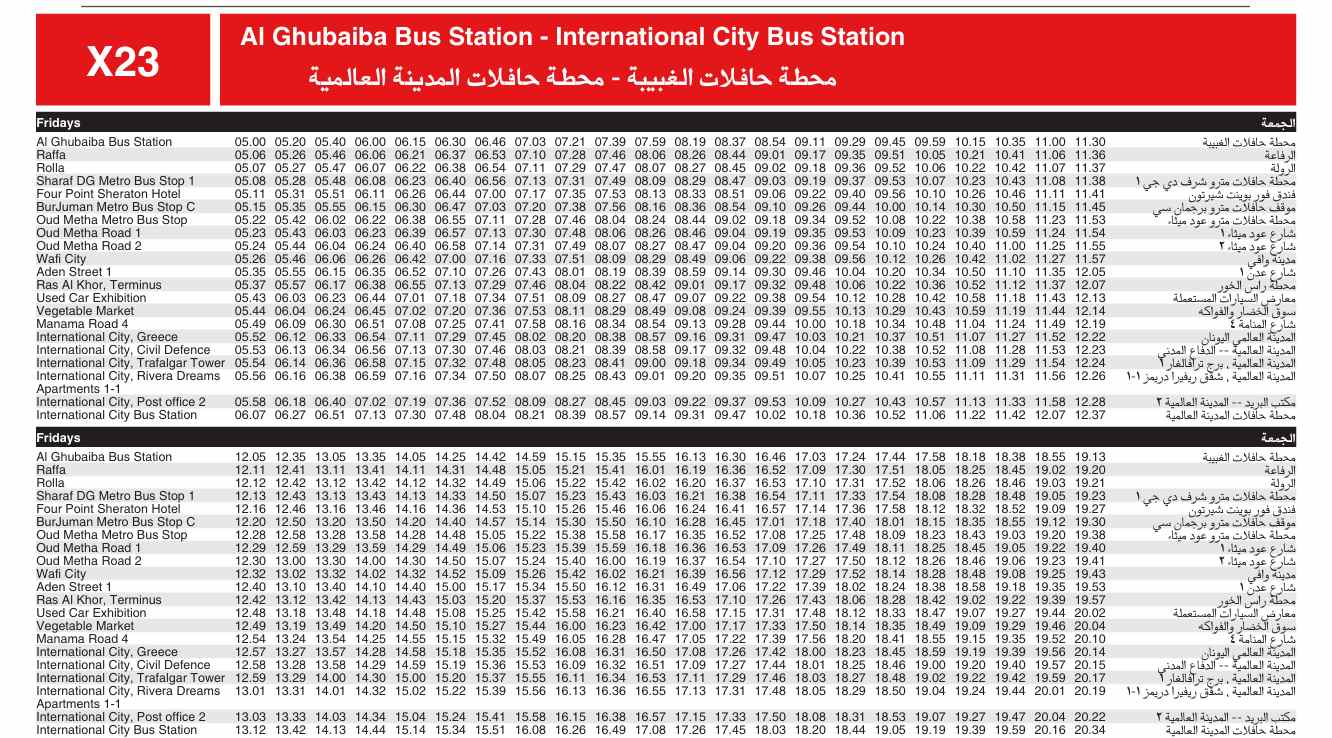 Bus X23 Friday Timetable