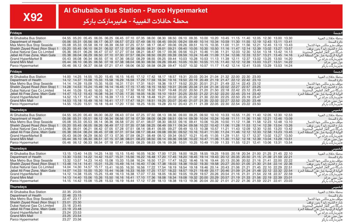 Bus X92 Friday & Thursday Timetable