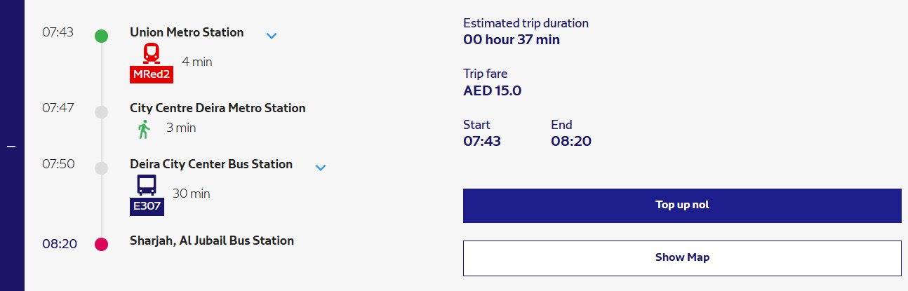 Fastest Route Available For Union Metro Station To Sharjah