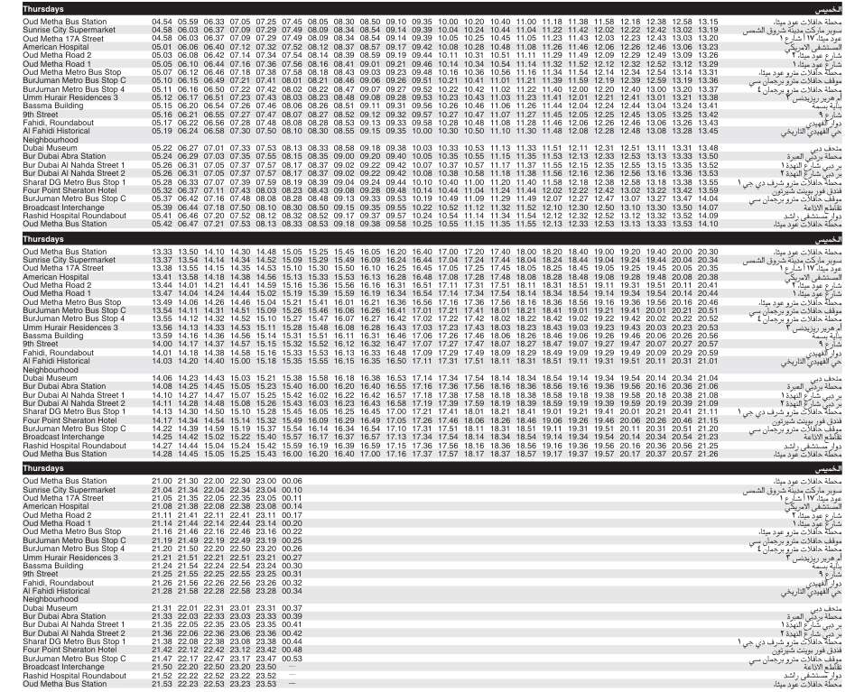 F70 Bus Timings – Oud Metha Bus Station to Fahidi Roundabout and Return 2 Bus F70 Thursday Timetable