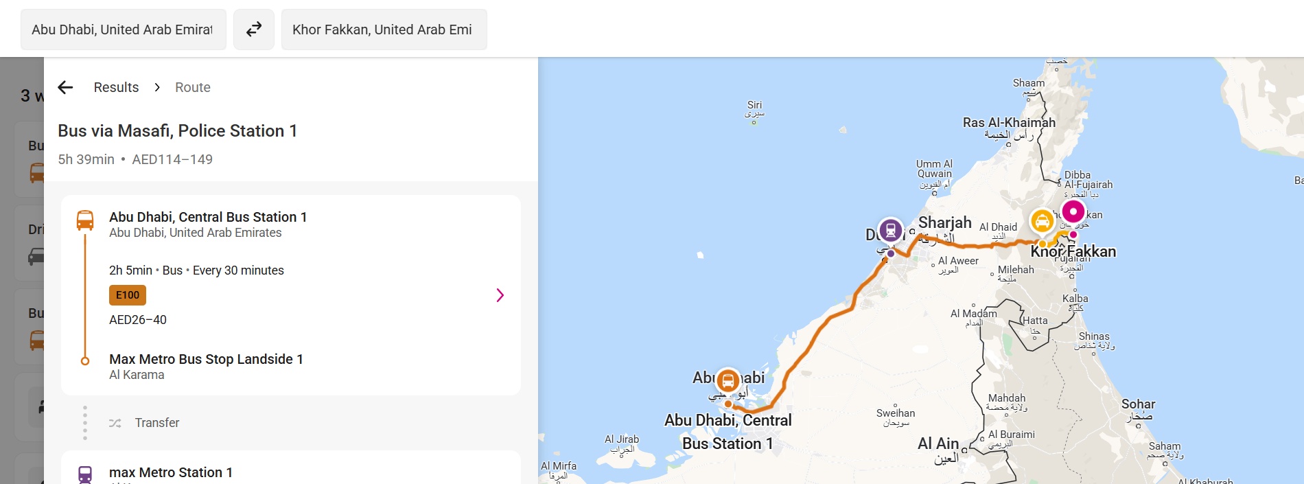 Abu Dhabi To Khor Fakkan Route Option 1