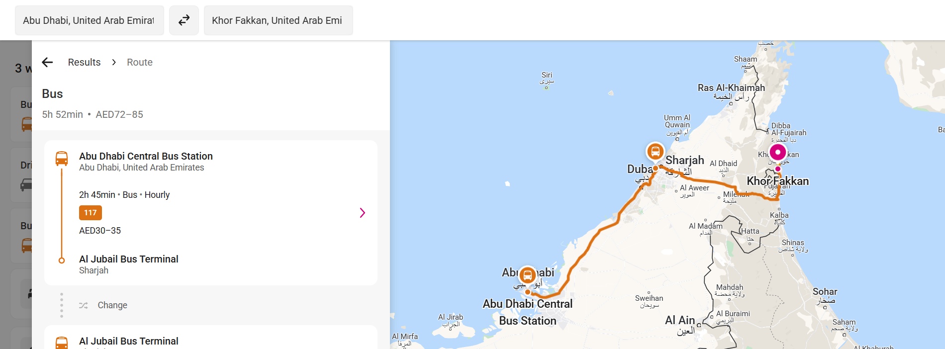 Abu Dhabi To Khor Fakkan Route Option 2