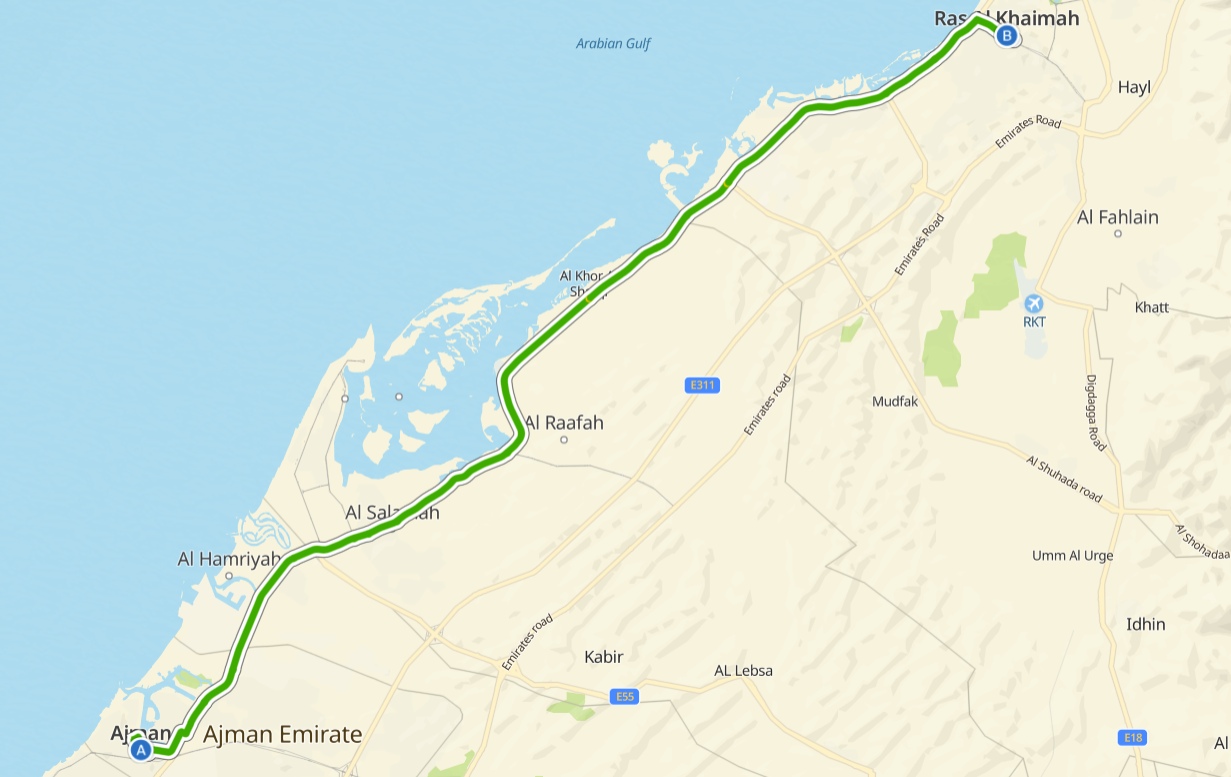 Ajman To Ras Al Khaimah Route Map