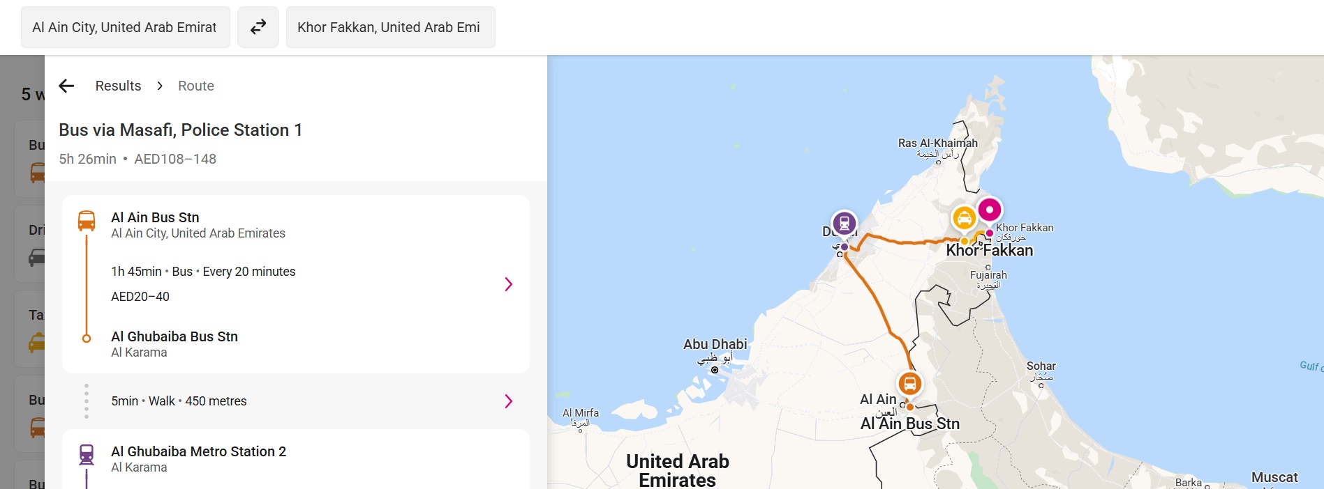 Al Ain To Khor Fakkan Route Option 1