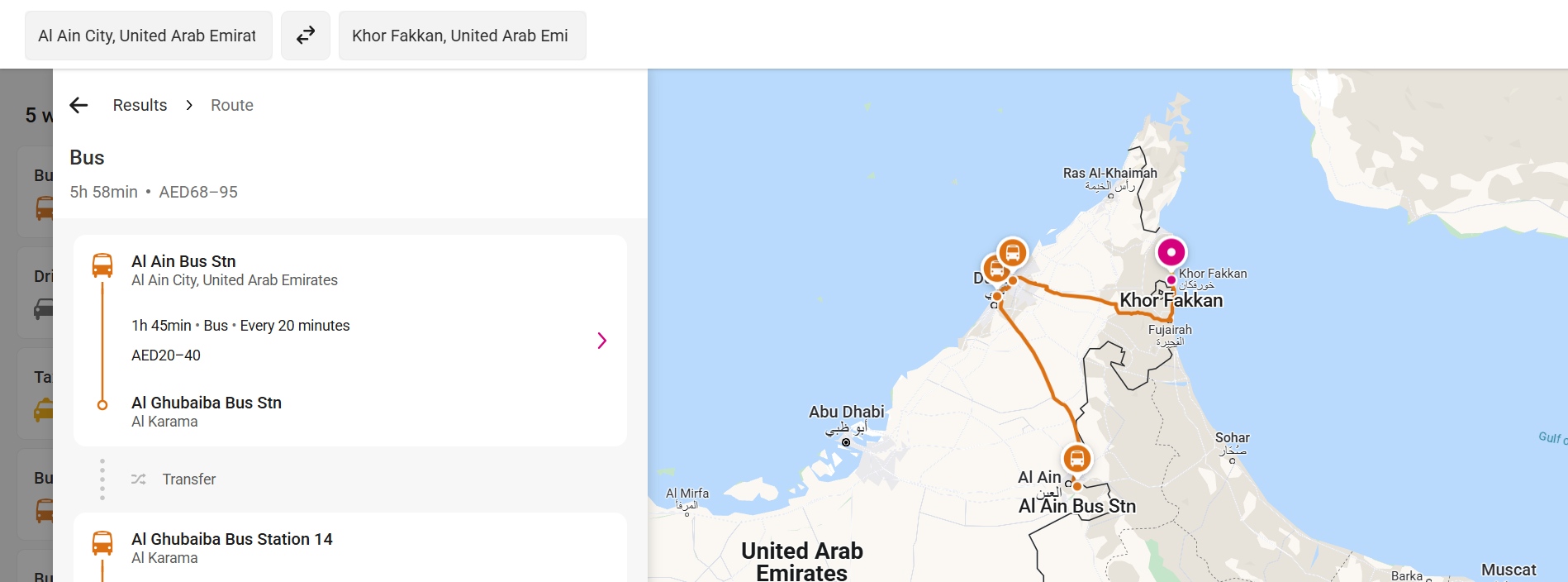 Al Ain To Khor Fakkan Route Option 2