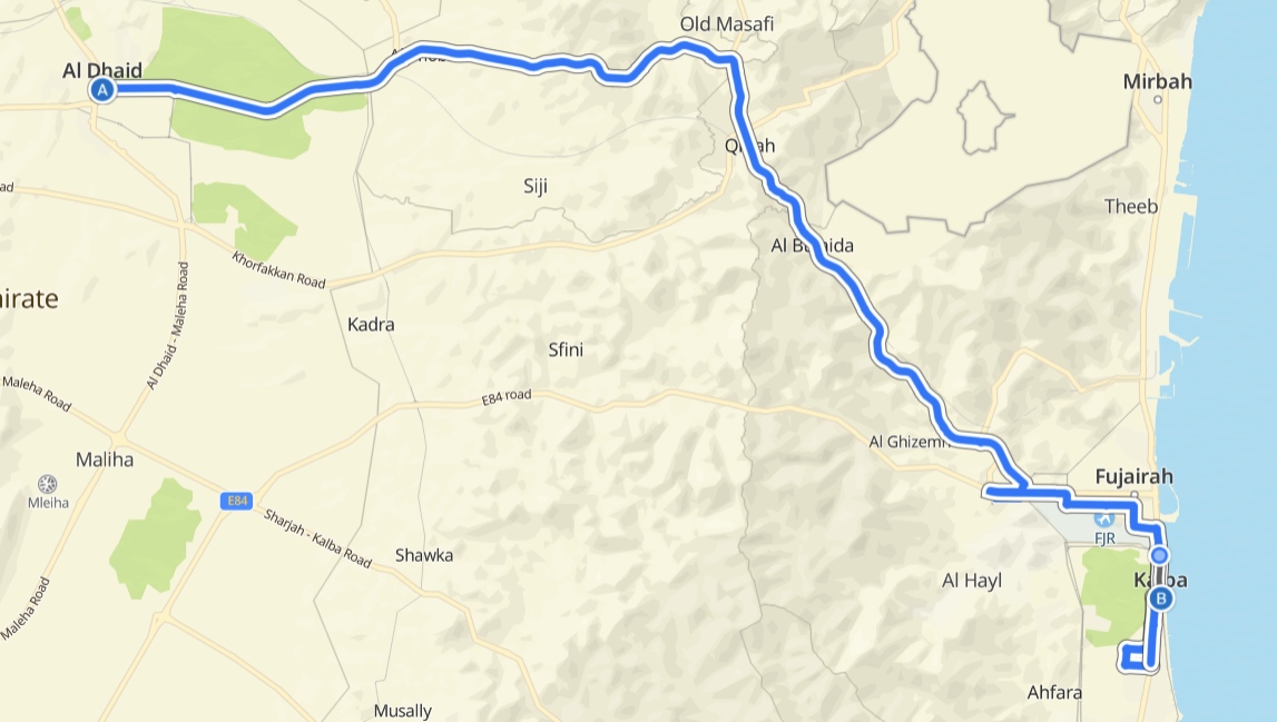 Al Dhaid To Kalba Route Map