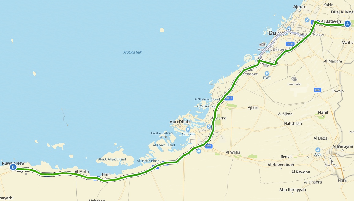 Al Dhaid To Ruwais Route Map